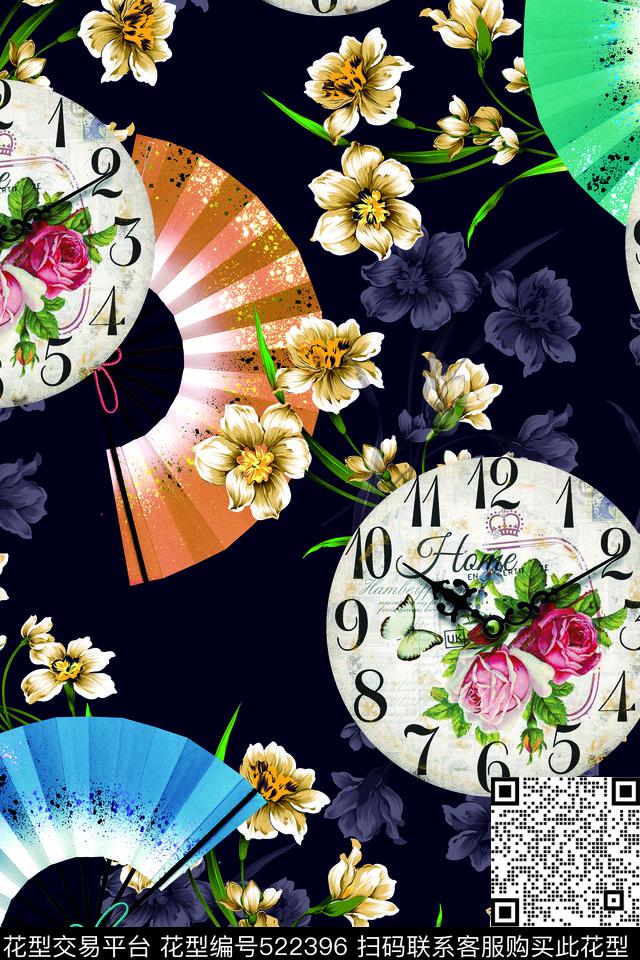 复古花卉钟表折扇大牌女装男士休闲衬衫数码印花华亿平台下载（图片编号: 522396） - 瓦栏（Walan）