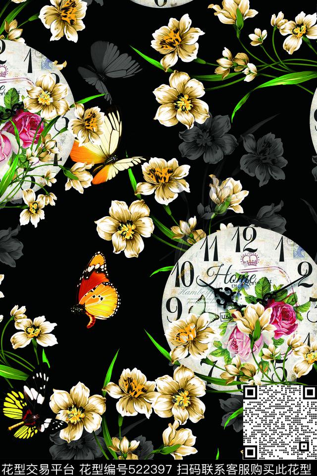 复古宫廷风钟表折扇蝴蝶花卉大牌女装男士休闲衬衫数码印花华亿平台下载（图片编号: 522397） - 瓦栏（Walan）