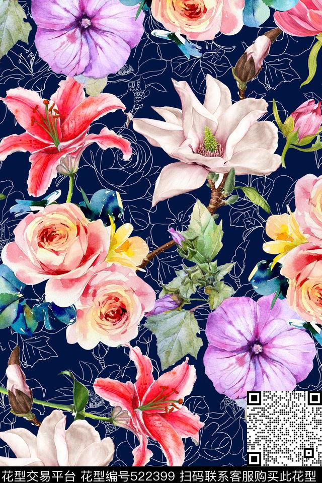 花卉手绘线描清爽手绘手绘数码印花华亿平台下载（图片编号: 522399） - 瓦栏（Walan）