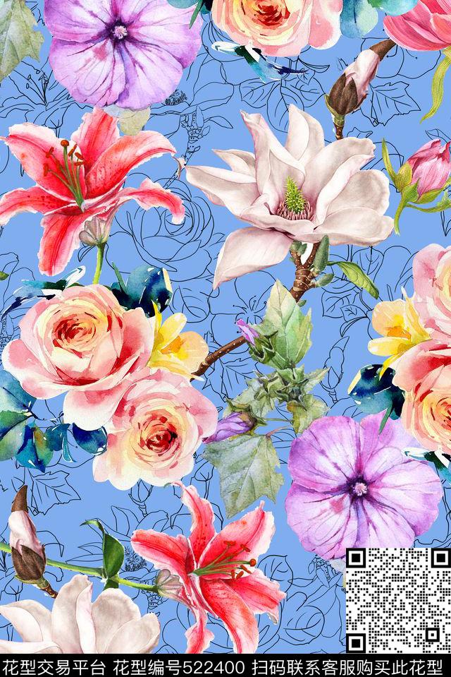 清爽手绘花卉手绘线描手绘数码印花华亿平台下载（图片编号: 522400） - 瓦栏（Walan）