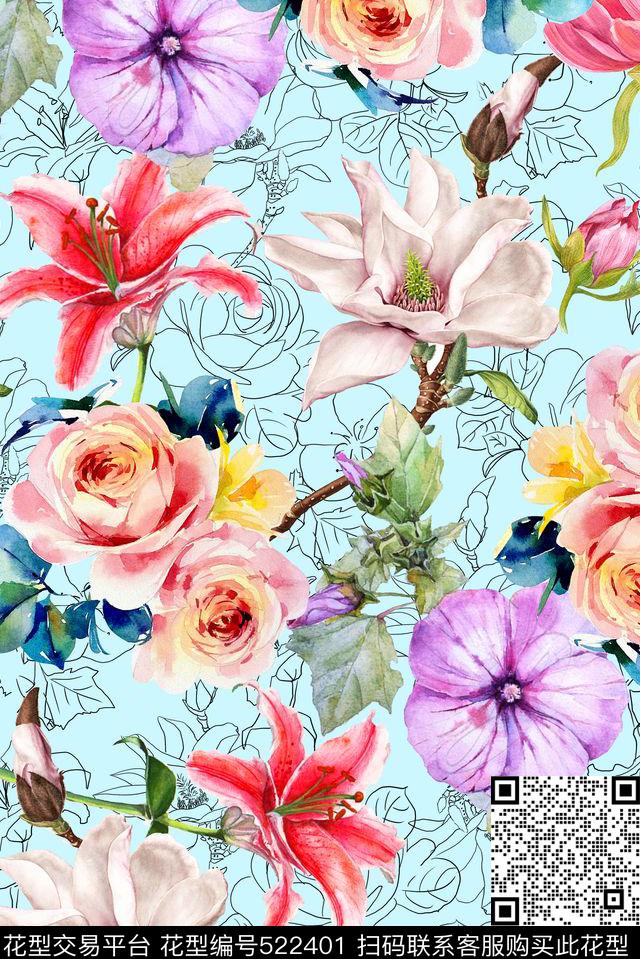 清爽手绘花卉手绘线描手绘数码印花华亿平台下载（图片编号: 522401） - 瓦栏（Walan）