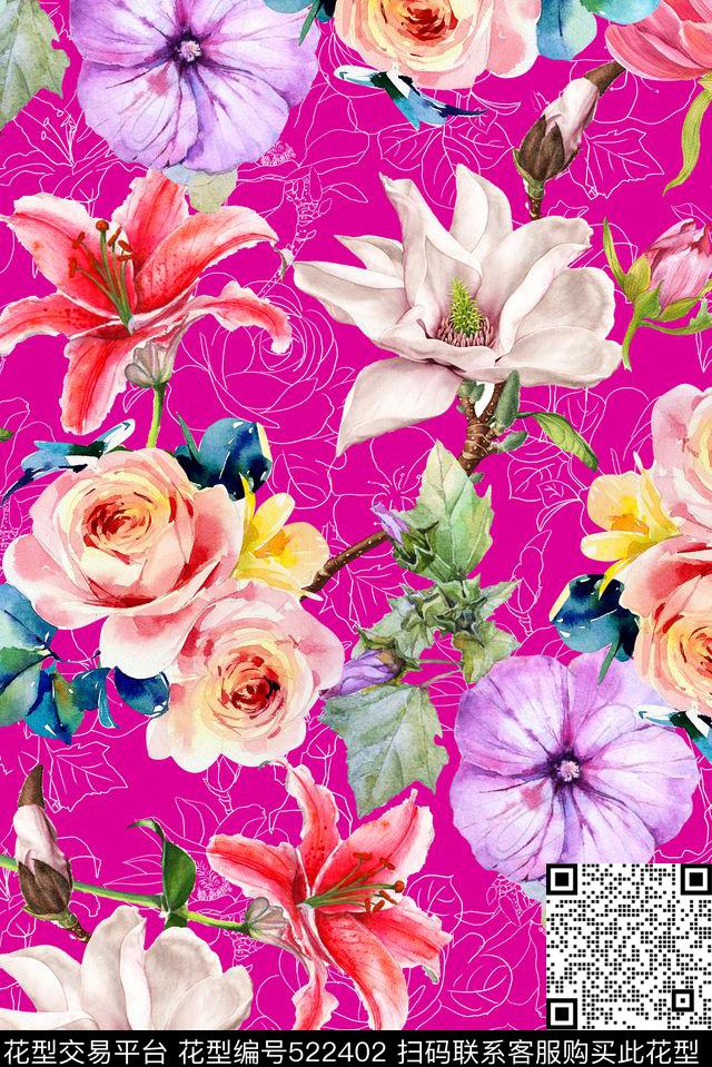 花卉手绘线描清爽手绘手绘数码印花华亿平台下载（图片编号: 522402） - 瓦栏（Walan）