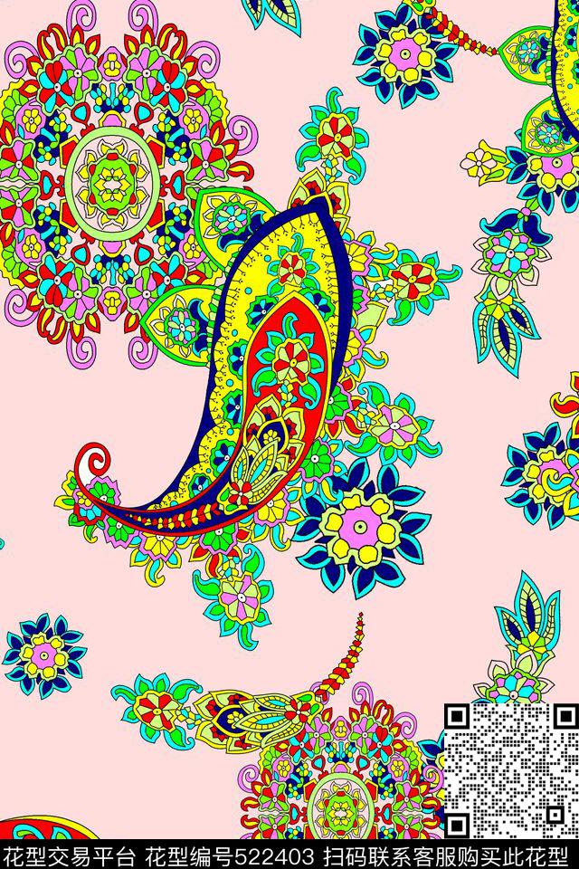 淡底大气拼接时尚彩色手绘火腿纹传统印花华亿平台下载（图片编号: 522403） - 瓦栏（Walan）