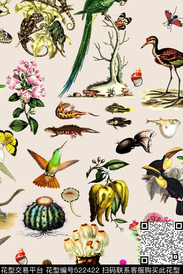 时尚手绘动物数码印花华亿平台下载（图片编号: 522422） - 瓦栏（Walan）