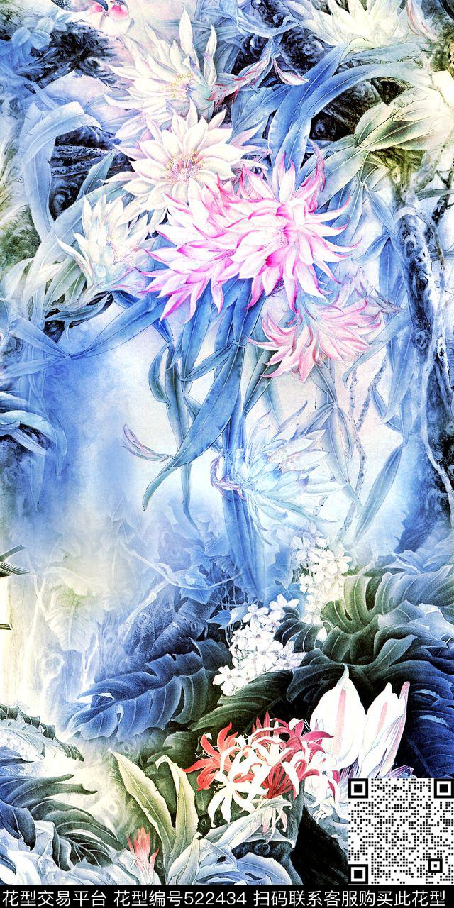 花卉青花中国风数码印花华亿平台下载（图片编号: 522434） - 瓦栏（Walan）