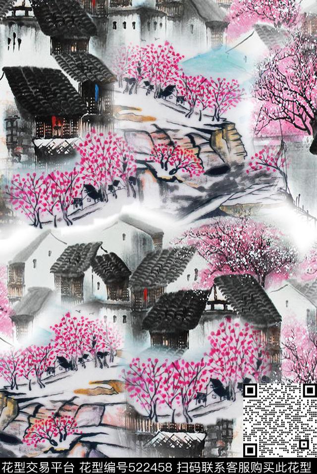 房子水墨桃花数码印花华亿平台下载（图片编号: 522458） - 瓦栏（Walan）