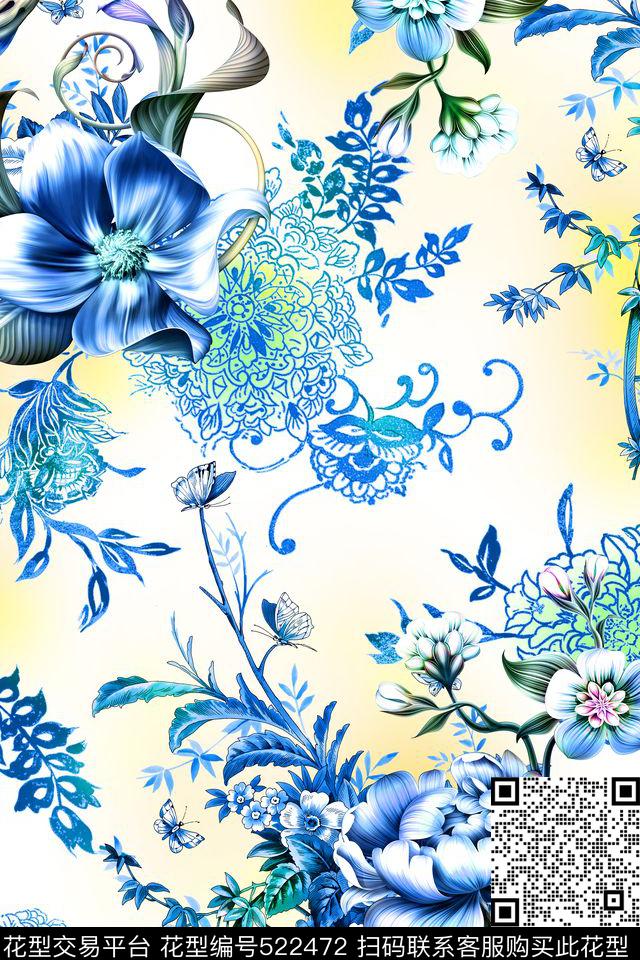花卉卷草青花瓷数码印花华亿平台下载（图片编号: 522472） - 瓦栏（Walan）