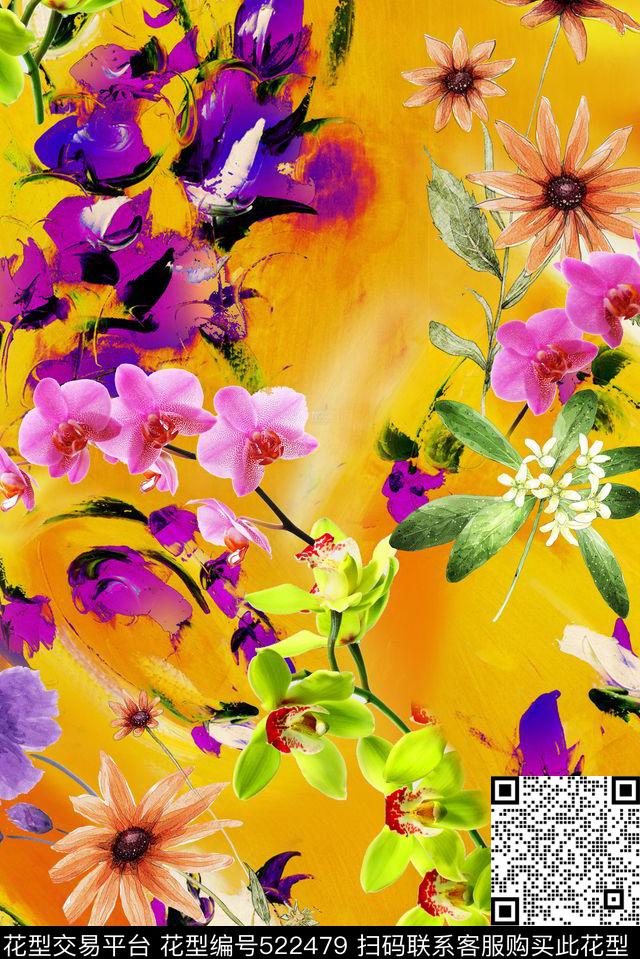 时尚油画花卉数码印花华亿平台下载（图片编号: 522479） - 瓦栏（Walan）