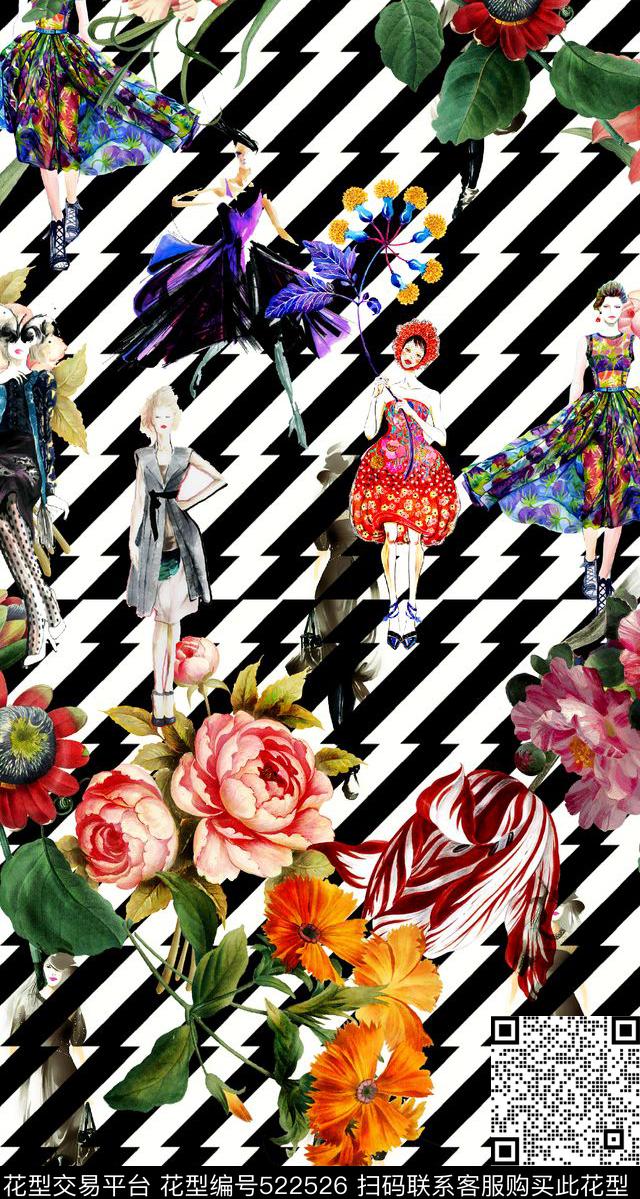 花卉走秀元素几何条形数码印花华亿平台下载（图片编号: 522526） - 瓦栏（Walan）