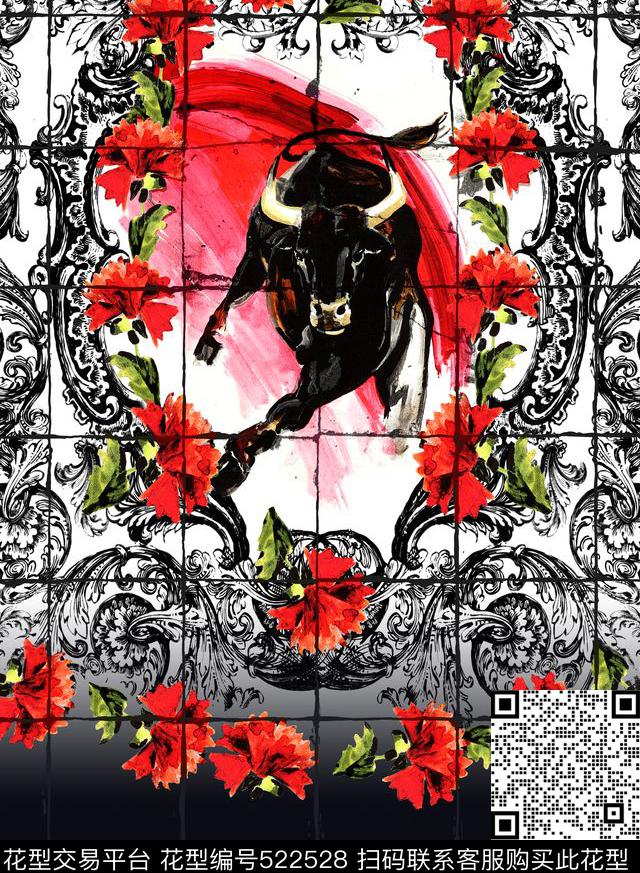 西班牙斗牛定位腰果花数码印花华亿平台下载（图片编号: 522528） - 瓦栏（Walan）