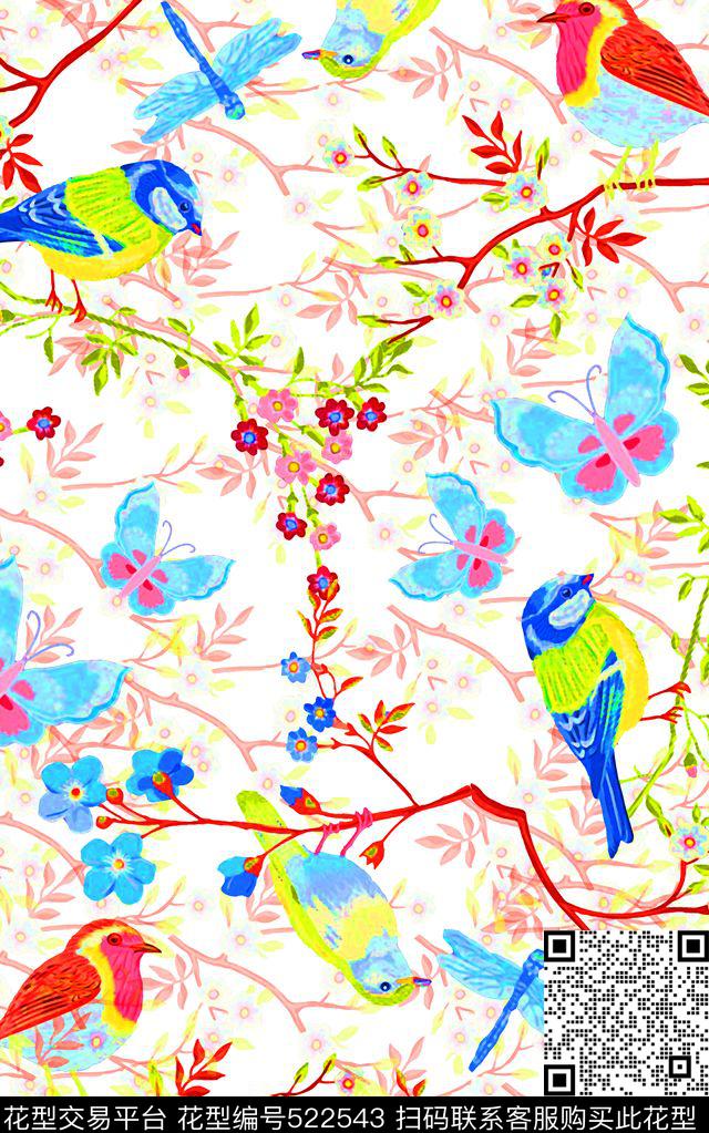 水彩花卉鸟数码印花华亿平台下载（图片编号: 522543） - 瓦栏（Walan）
