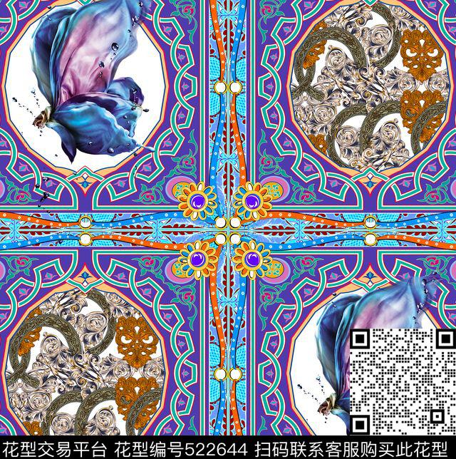 几何定位蝴蝶花卉方巾民族风欧美传统印花华亿平台下载（图片编号: 522644） - 瓦栏（Walan）