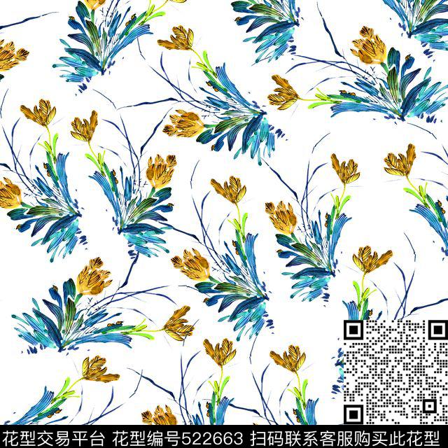 抽象花草手绘风格传统印花华亿平台下载（图片编号: 522663） - 瓦栏（Walan）