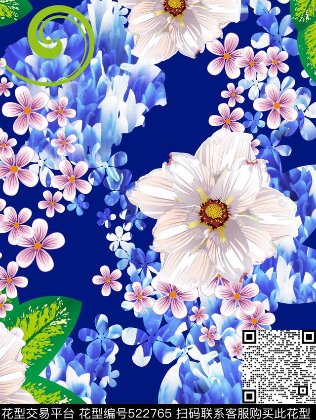 流行时尚手绘花簇幻彩花卉欧美数码印花华亿平台下载（图片编号: 522765） - 瓦栏（Walan）