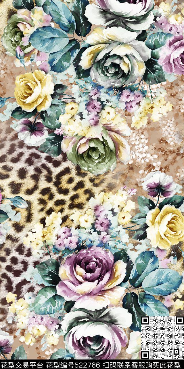 满版华亿平台手绘花卉豹纹底数码印花华亿平台下载（图片编号: 522766） - 瓦栏（Walan）