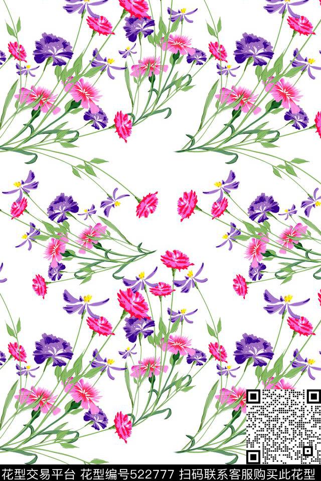 花簇花卉手绘传统印花华亿平台下载（图片编号: 522777） - 瓦栏（Walan）