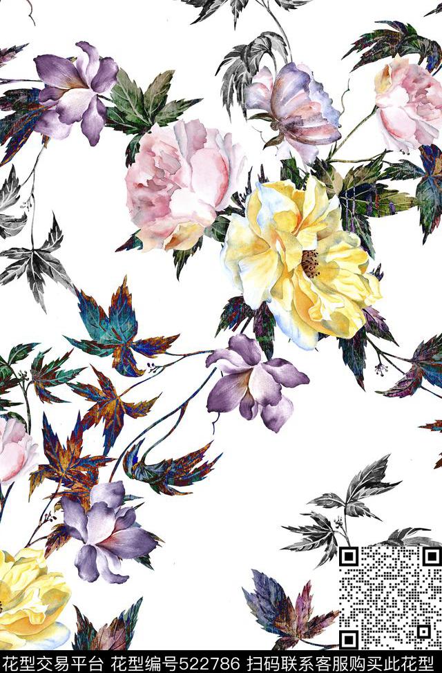 花卉田园枝叶数码印花华亿平台下载（图片编号: 522786） - 瓦栏（Walan）