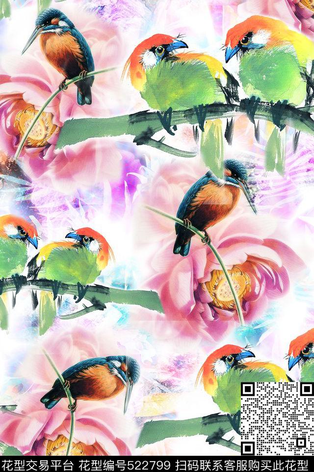 花卉水墨小鸟数码印花华亿平台下载（图片编号: 522799） - 瓦栏（Walan）