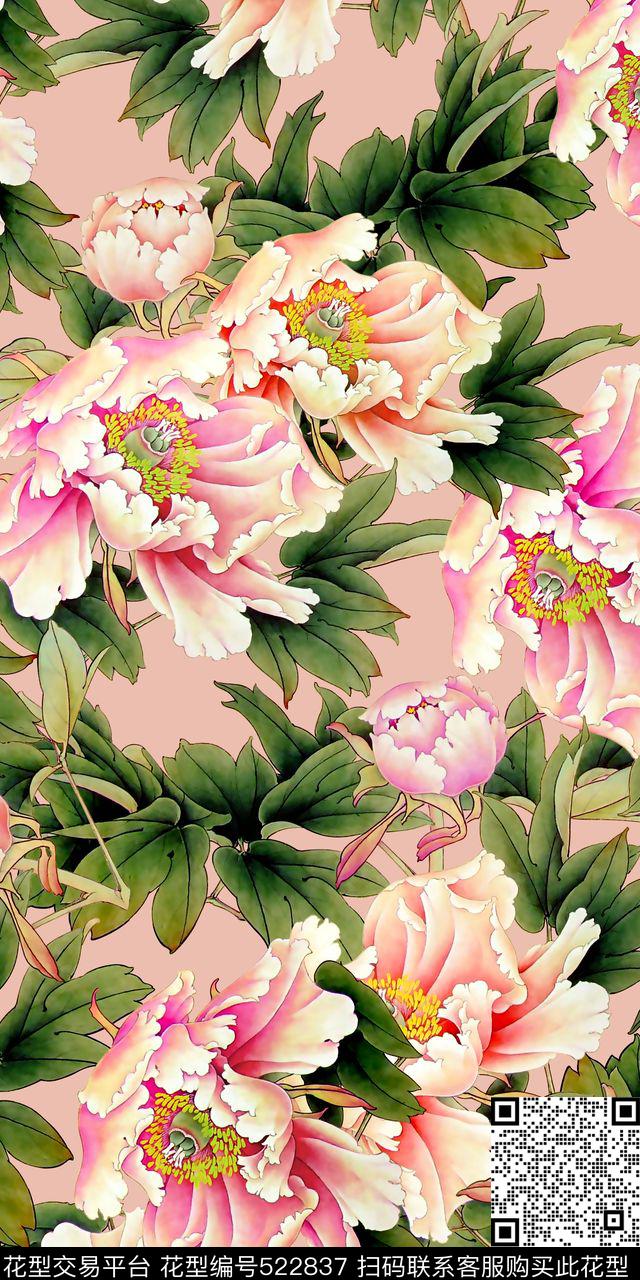 手绘花卉中国风数码印花华亿平台下载（图片编号: 522837） - 瓦栏（Walan）