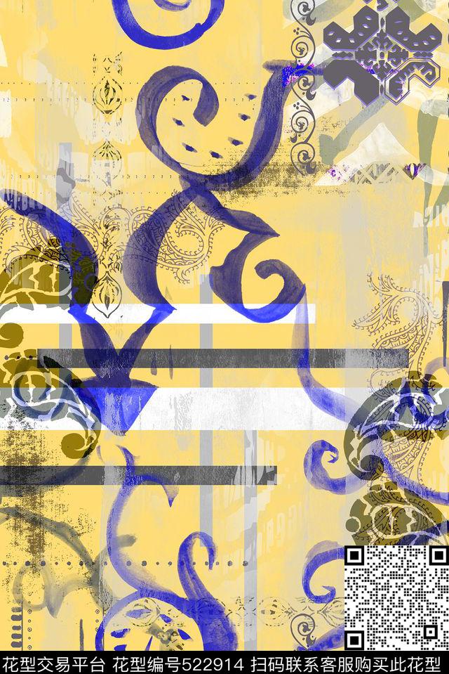 民族风几何腰果花数码印花华亿平台下载（图片编号: 522914） - 瓦栏（Walan）