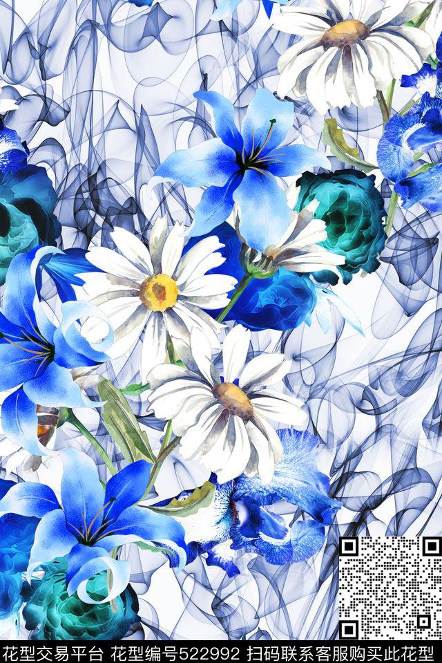 时尚手绘水彩花卉数码印花华亿平台下载（图片编号: 522992） - 瓦栏（Walan）