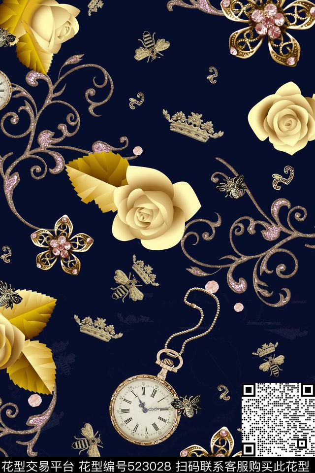 大牌女装男士西装复古大牌纹样金色玫瑰花昆虫纹样欧美复古数码印花华亿平台下载（图片编号: 523028） - 瓦栏（Walan）