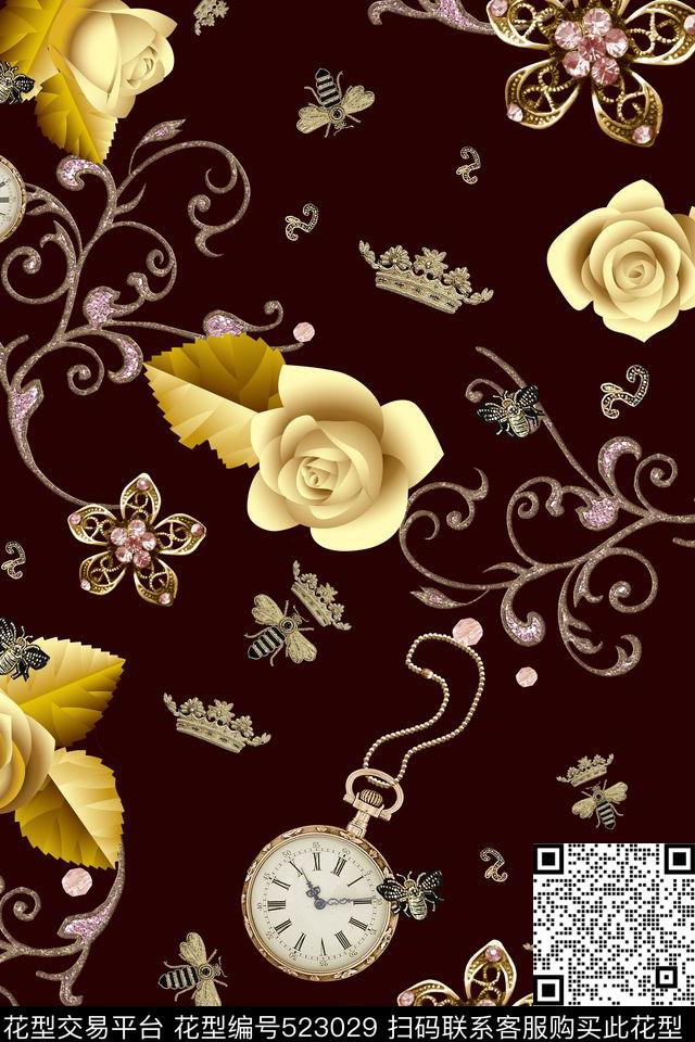 欧美复古复古大牌纹样金色玫瑰花昆虫纹样大牌女装男士西装数码印花华亿平台下载（图片编号: 523029） - 瓦栏（Walan）
