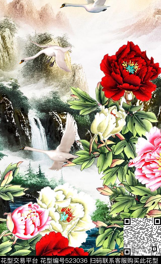 潮流时尚风景定位中国风牡丹花数码印花华亿平台下载（图片编号: 523036） - 瓦栏（Walan）
