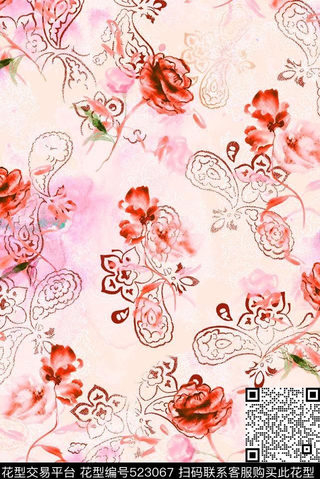 休闲手绘水彩数码印花华亿平台下载（图片编号: 523067） - 瓦栏（Walan）