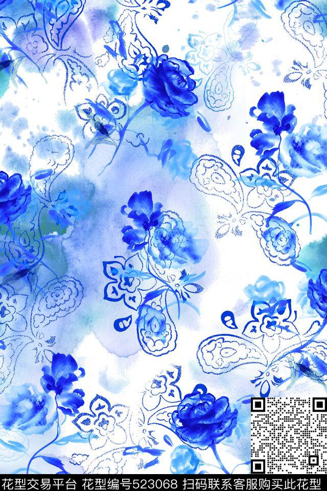 休闲手绘水彩数码印花华亿平台下载（图片编号: 523068） - 瓦栏（Walan）