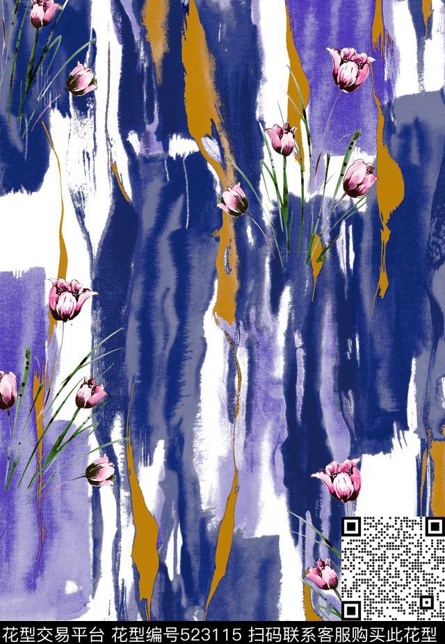 抽象笔刷花卉数码印花华亿平台下载（图片编号: 523115） - 瓦栏（Walan）