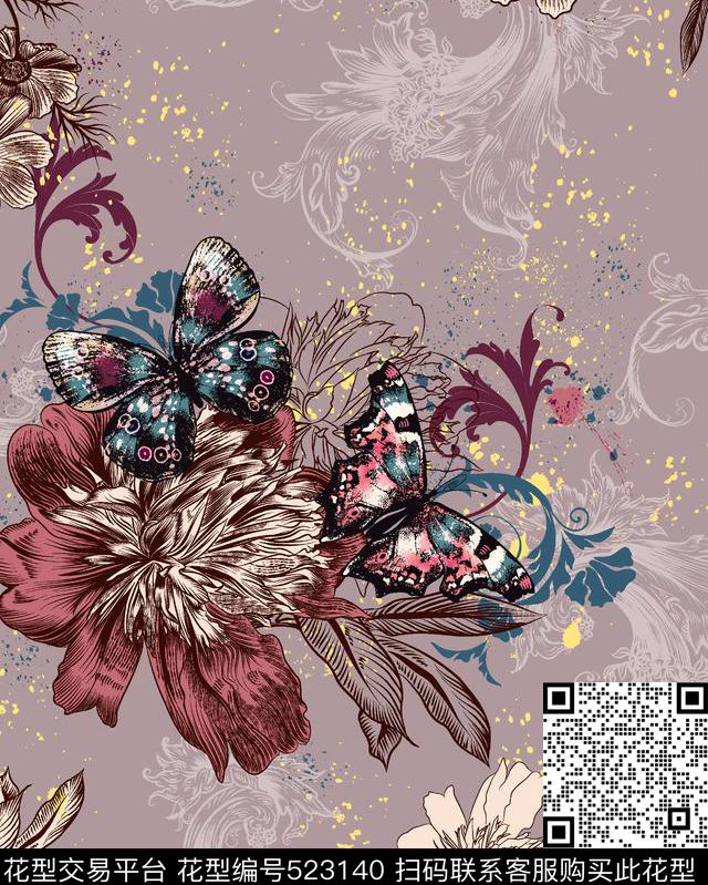 时尚花卉复古宫庭花纹蝴蝶数码印花华亿平台下载（图片编号: 523140） - 瓦栏（Walan）