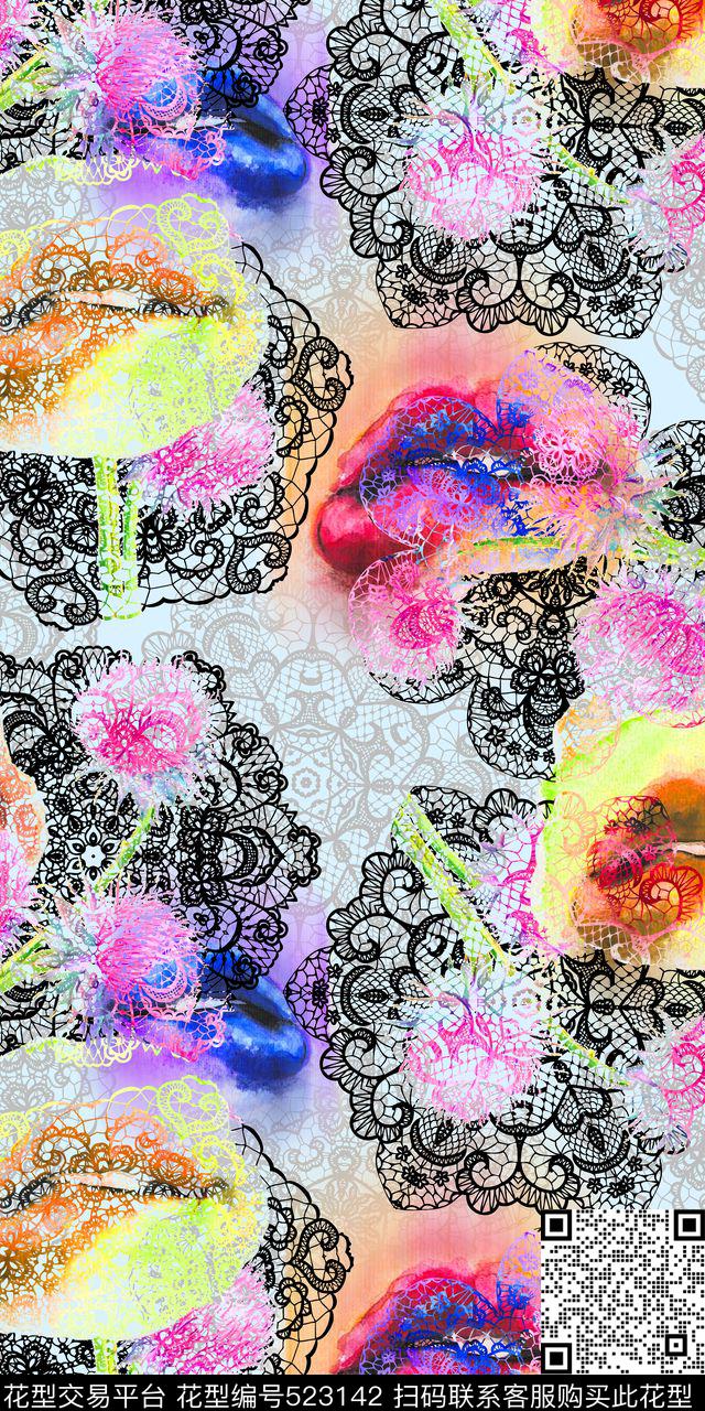 抽象几何蕾丝性感咬唇花卉欧美数码印花华亿平台下载（图片编号: 523142） - 瓦栏（Walan）
