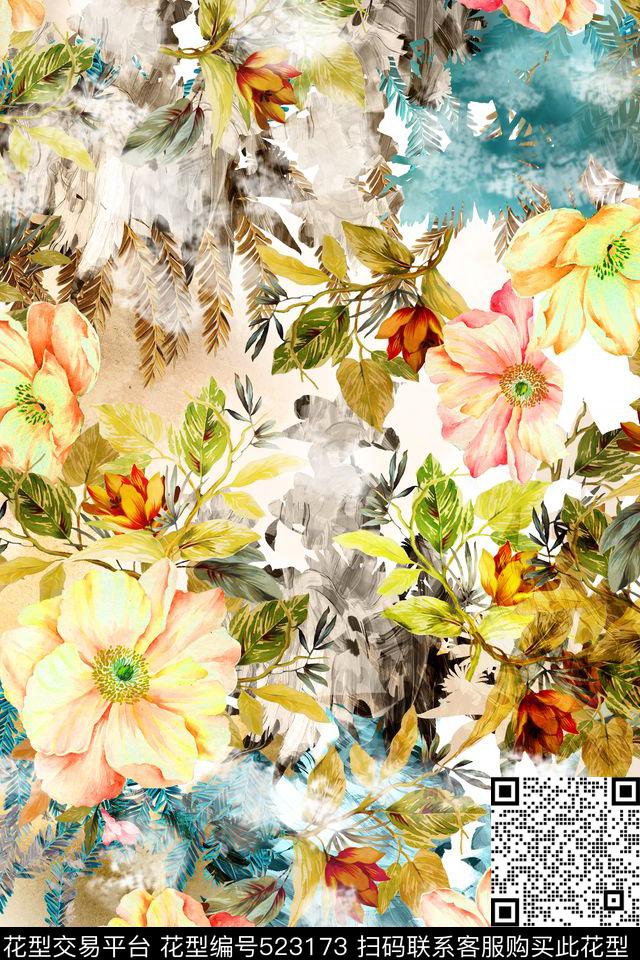 花卉叶子秋天数码印花华亿平台下载（图片编号: 523173） - 瓦栏（Walan）