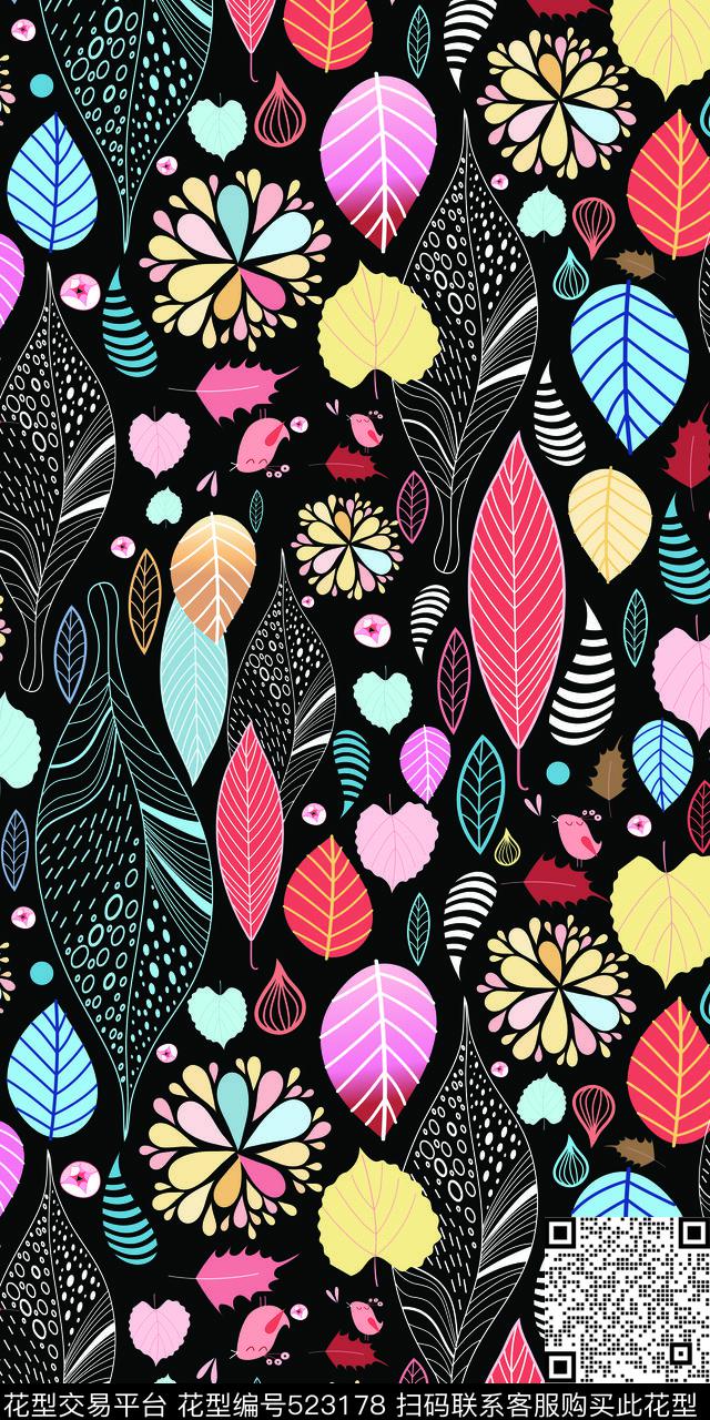 手绘黑底满幅黑底满幅彩色叶传统印花华亿平台下载（图片编号: 523178） - 瓦栏（Walan）