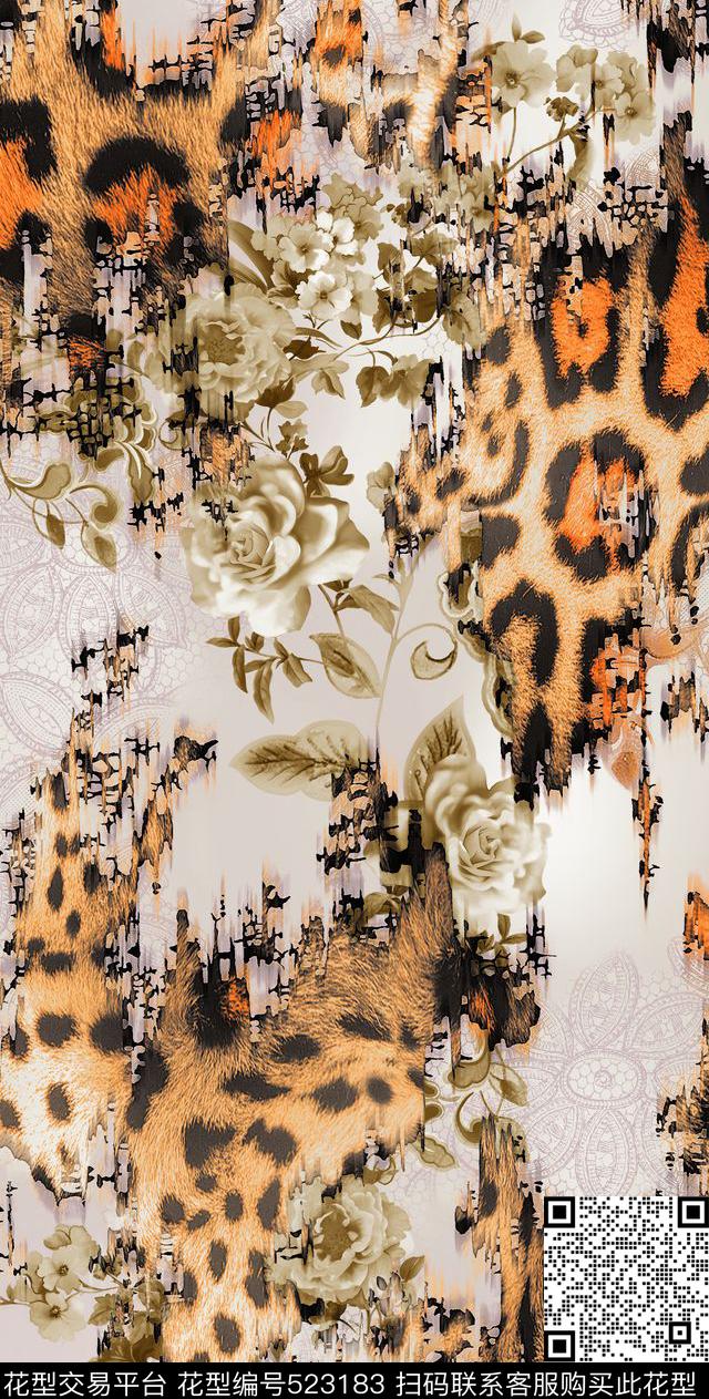 豹纹花卉现代数码印花华亿平台下载（图片编号: 523183） - 瓦栏（Walan）