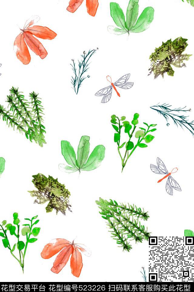 清新小植物树叶数码印花华亿平台下载（图片编号: 523226） - 瓦栏（Walan）