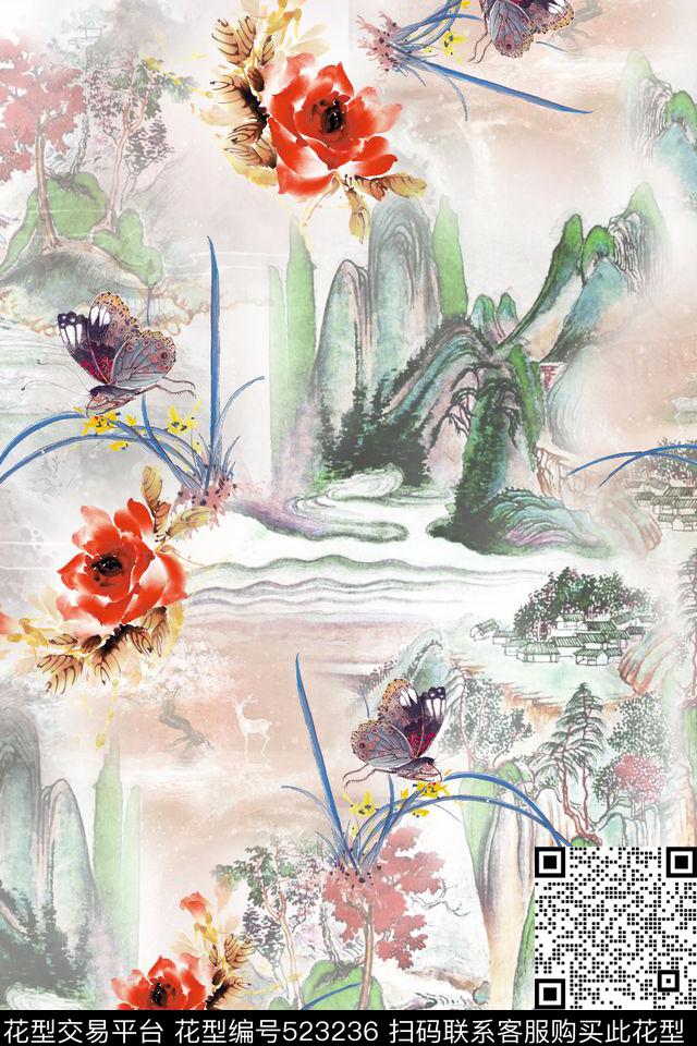 花虫山水水墨数码印花华亿平台下载（图片编号: 523236） - 瓦栏（Walan）