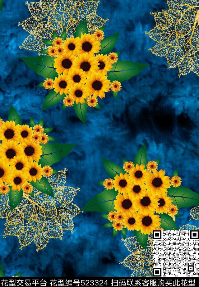 抽象肌理暗纹底金色树叶数码印花华亿平台下载（图片编号: 523324） - 瓦栏（Walan）