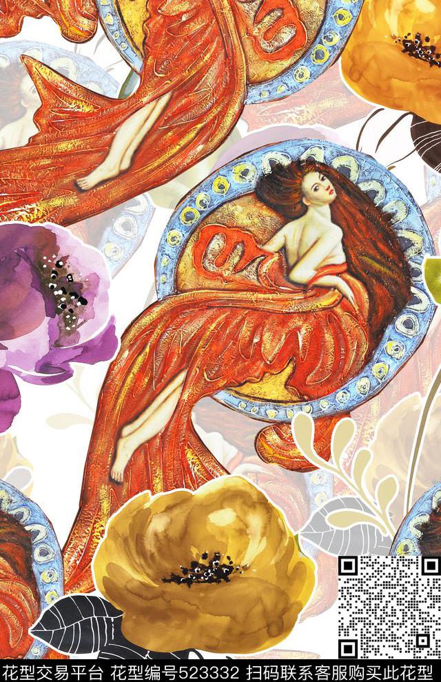 流行时尚欧美宫廷风手绘复古美人鱼花卉数码印花华亿平台下载（图片编号: 523332） - 瓦栏（Walan）