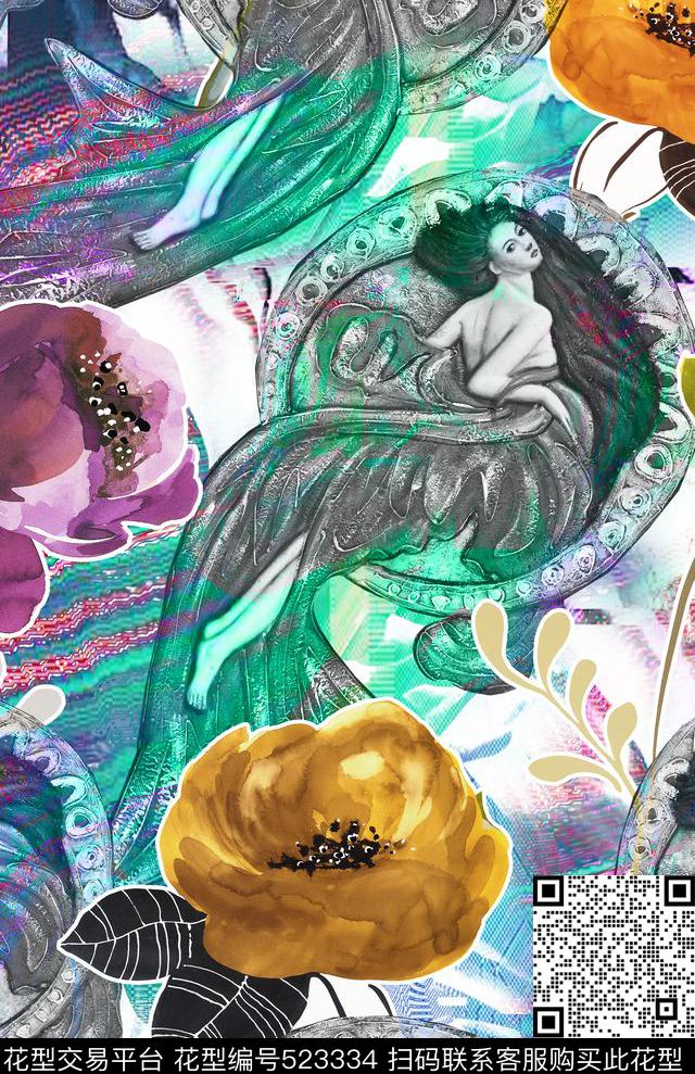 流行时尚手绘复古美人鱼花卉欧美数码印花华亿平台下载（图片编号: 523334） - 瓦栏（Walan）