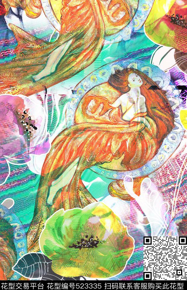 流行时尚手绘复古美人鱼花卉欧美数码印花华亿平台下载（图片编号: 523335） - 瓦栏（Walan）