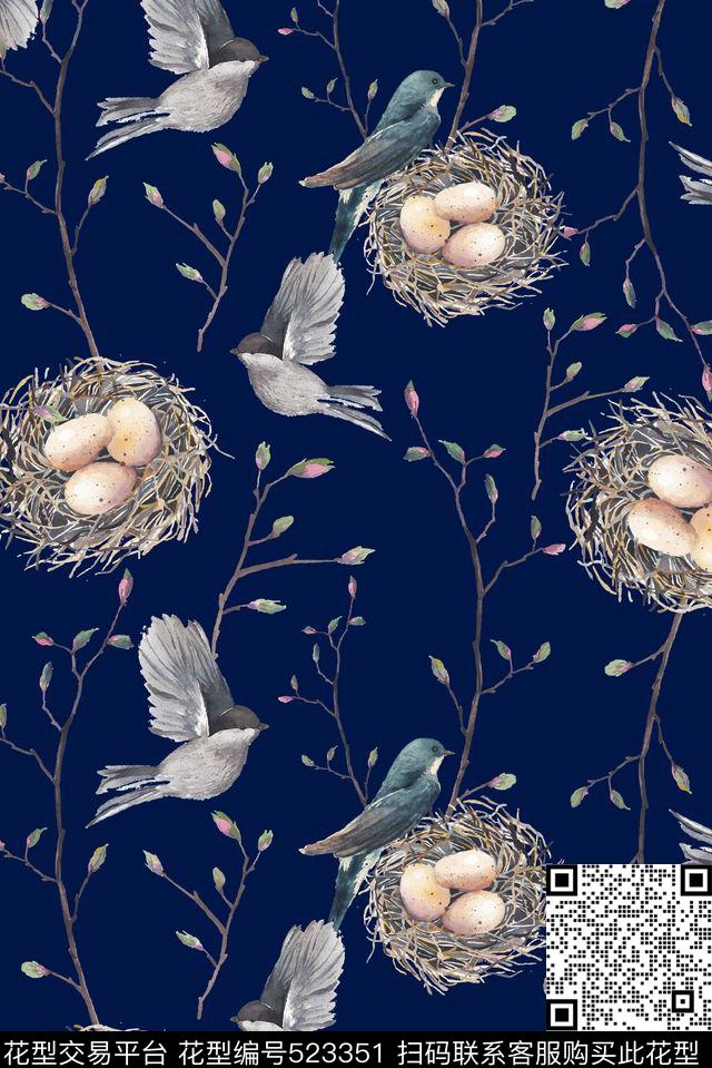 文艺范儿树枝花苞鸟巢手绘数码印花华亿平台下载（图片编号: 523351） - 瓦栏（Walan）