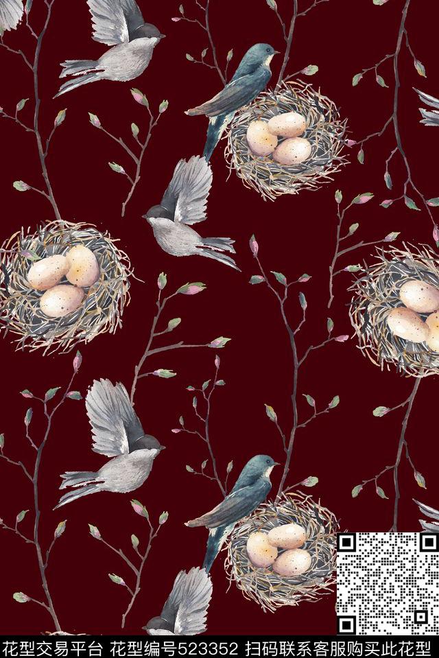 文艺范儿树枝花苞鸟巢手绘数码印花华亿平台下载（图片编号: 523352） - 瓦栏（Walan）