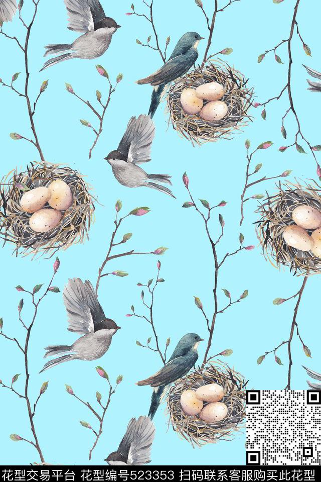 文艺范儿树枝花苞鸟巢手绘数码印花华亿平台下载（图片编号: 523353） - 瓦栏（Walan）