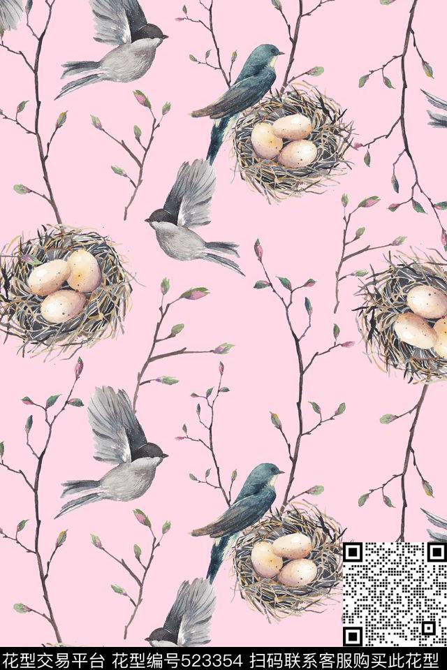 文艺范儿树枝花苞鸟巢手绘数码印花华亿平台下载（图片编号: 523354） - 瓦栏（Walan）