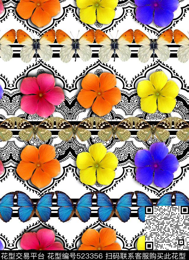 几何蕾丝3D花卉蝴蝶定位民族风欧美数码印花华亿平台下载（图片编号: 523356） - 瓦栏（Walan）
