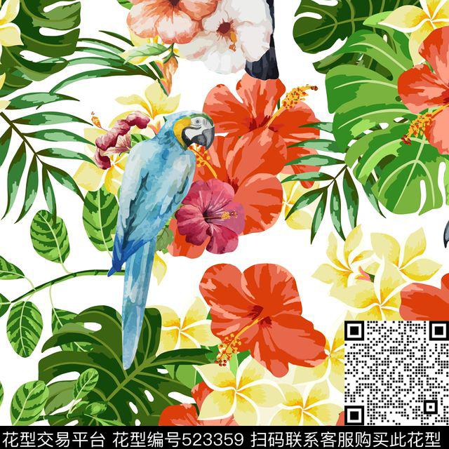 写意鸟树叶数码印花华亿平台下载（图片编号: 523359） - 瓦栏（Walan）