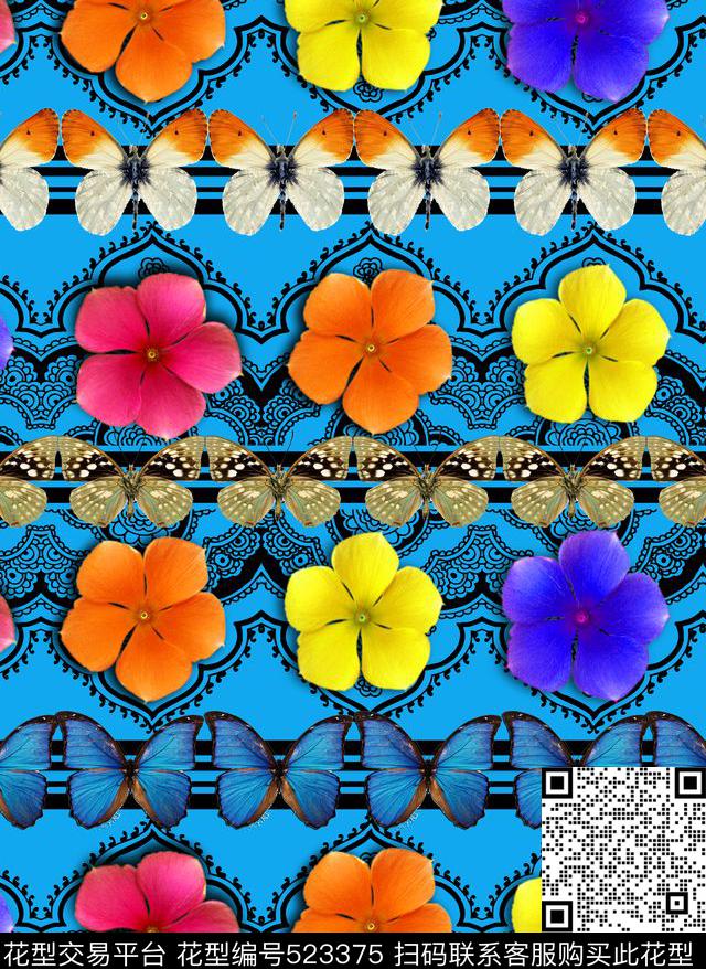 几何蕾丝3D花卉蝴蝶定位民族风欧美数码印花华亿平台下载（图片编号: 523375） - 瓦栏（Walan）