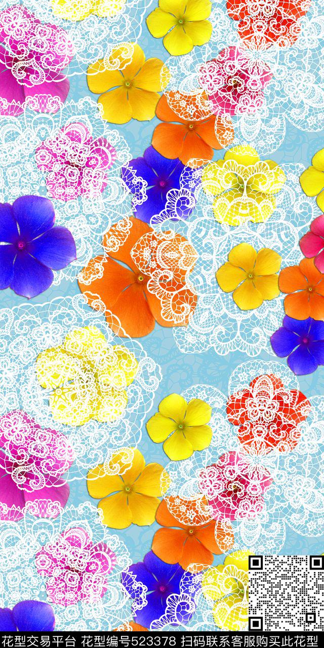 抽象立体蕾丝热带花卉欧美流行时尚数码印花华亿平台下载（图片编号: 523378） - 瓦栏（Walan）